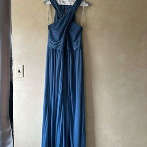David's Bridal Steel Blue Crisscross Halter Maxi Bridesmaids Dress